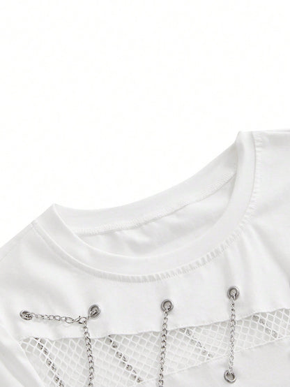ROMWE Grunge Punk Women's Y2K Streetwear Sexy 2 In 1 Mesh Hollow Chain Decor Fitted Versatile T-Shirt