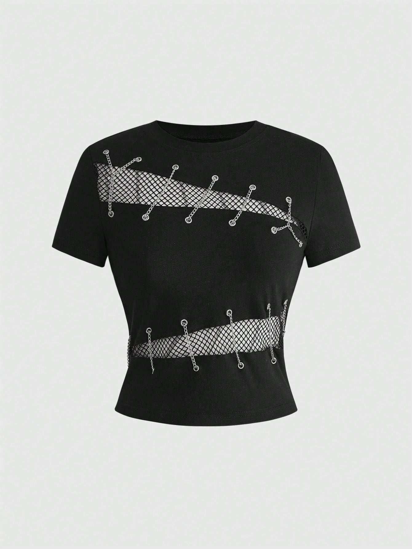 ROMWE Grunge Punk Women's Y2K Streetwear Sexy 2 In 1 Mesh Hollow Chain Decor Fitted Versatile T-Shirt