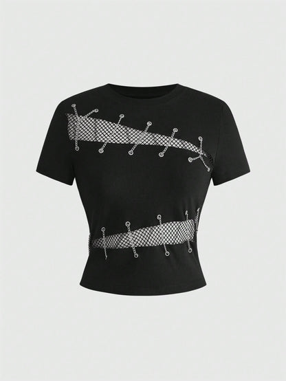 ROMWE Grunge Punk Women's Y2K Streetwear Sexy 2 In 1 Mesh Hollow Chain Decor Fitted Versatile T-Shirt