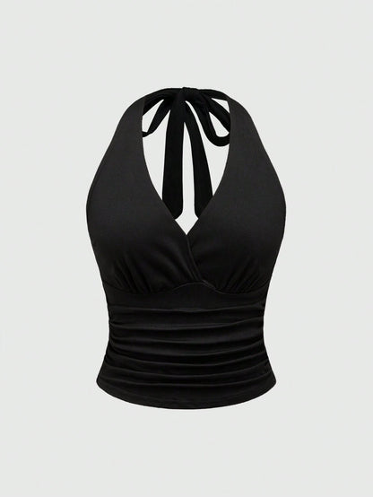 ROMWE Grunge Punk Y2K Tie Back Solid Black Halter Top For Women