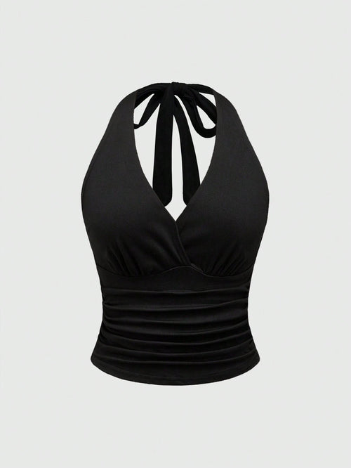 ROMWE Grunge Punk Y2K Tie Back Solid Black Halter Top For Women