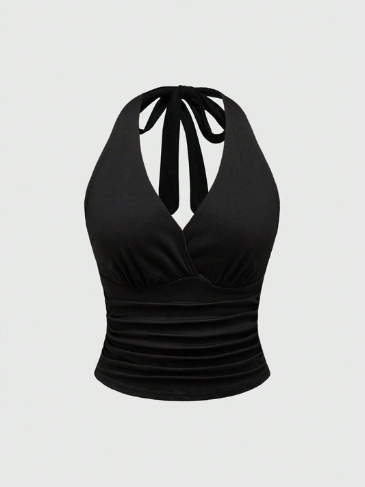 ROMWE Grunge Punk Y2K Tie Back Solid Black Halter Top For Women