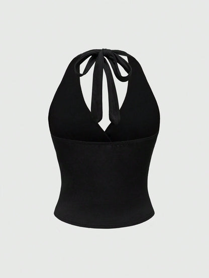 ROMWE Grunge Punk Y2K Tie Back Solid Black Halter Top For Women