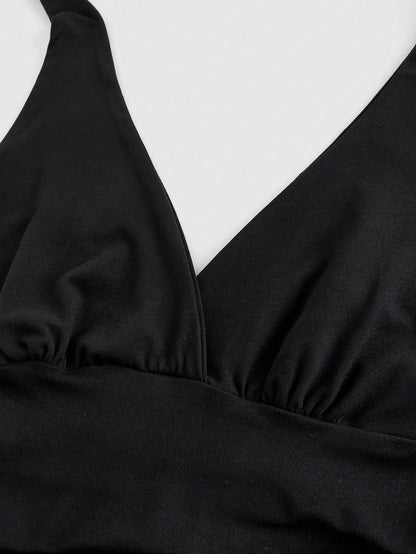 ROMWE Grunge Punk Y2K Tie Back Solid Black Halter Top For Women