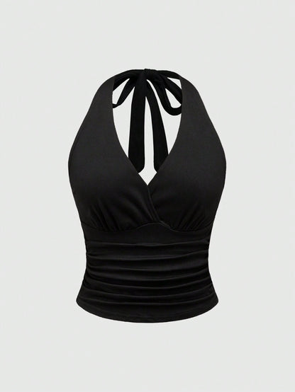 ROMWE Grunge Punk Y2K Tie Back Solid Black Halter Top For Women