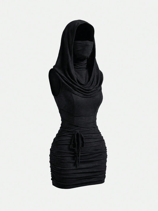 ROMWE Grunge Punk Y2K Vintage Apocalyptic Hooded Loose Collar Bodycon Mini Dress For Women