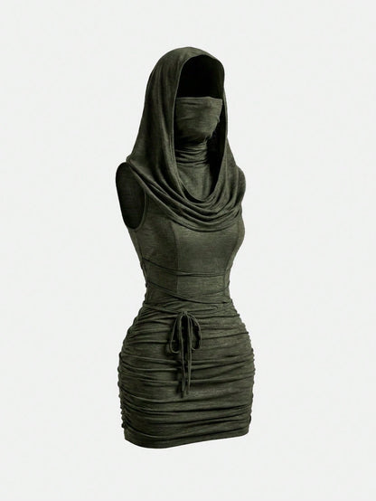 ROMWE Grunge Punk Y2K Vintage Apocalyptic Hooded Loose Collar Bodycon Mini Dress For Women