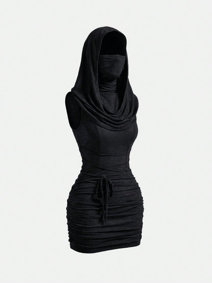 ROMWE Grunge Punk Y2K Vintage Apocalyptic Hooded Loose Collar Bodycon Mini Dress For Women