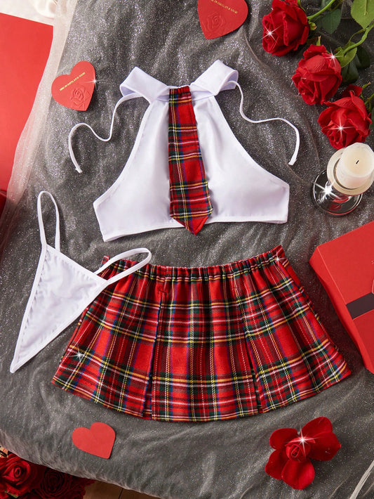 ROMWE Kawaii 4 Pieces Plaid Preppy Cosplay Halloween Uniform Set Solid Color Sleeveless Halterneck Top Slit Stretch Waist Plaid Skirt Thong Tie Women's Cosplay Uniform Sexy Lingerie Set For Women Gift