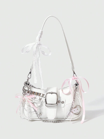 ROMWE Kawaii Cute White Y2K Style Women's Shoulder Bag, Perfect For Street,For Fancy Party, Best Gifts For Girls