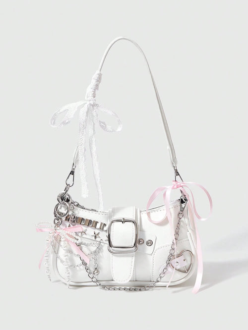 ROMWE Kawaii Cute White Y2K Style Women's Shoulder Bag, Perfect For Street,For Fancy Party, Best Gifts For Girls
