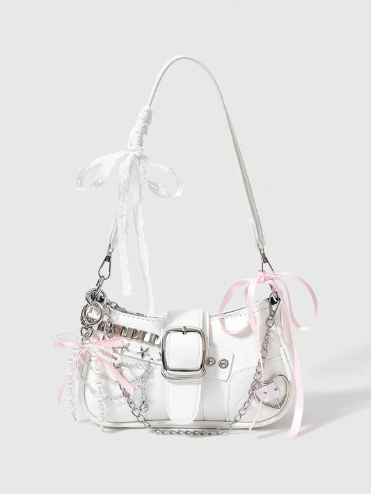 ROMWE Kawaii Cute White Y2K Style Women's Shoulder Bag, Perfect For Street,For Fancy Party, Best Gifts For Girls