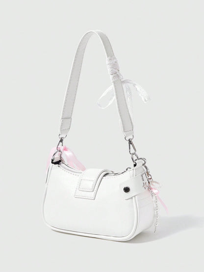 ROMWE Kawaii Cute White Y2K Style Women's Shoulder Bag, Perfect For Street,For Fancy Party, Best Gifts For Girls