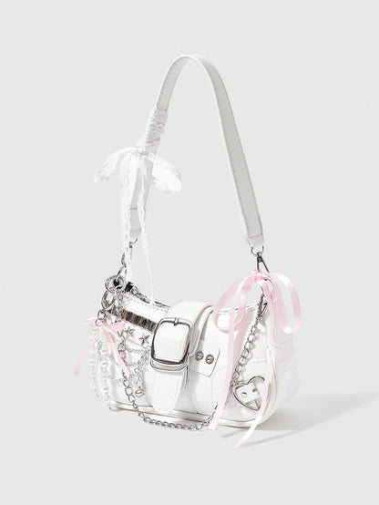 ROMWE Kawaii Cute White Y2K Style Women's Shoulder Bag, Perfect For Street,For Fancy Party, Best Gifts For Girls