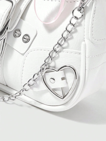 ROMWE Kawaii Cute White Y2K Style Women's Shoulder Bag, Perfect For Street,For Fancy Party, Best Gifts For Girls