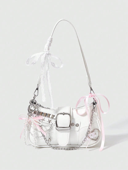 ROMWE Kawaii Cute White Y2K Style Women's Shoulder Bag, Perfect For Street,For Fancy Party, Best Gifts For Girls