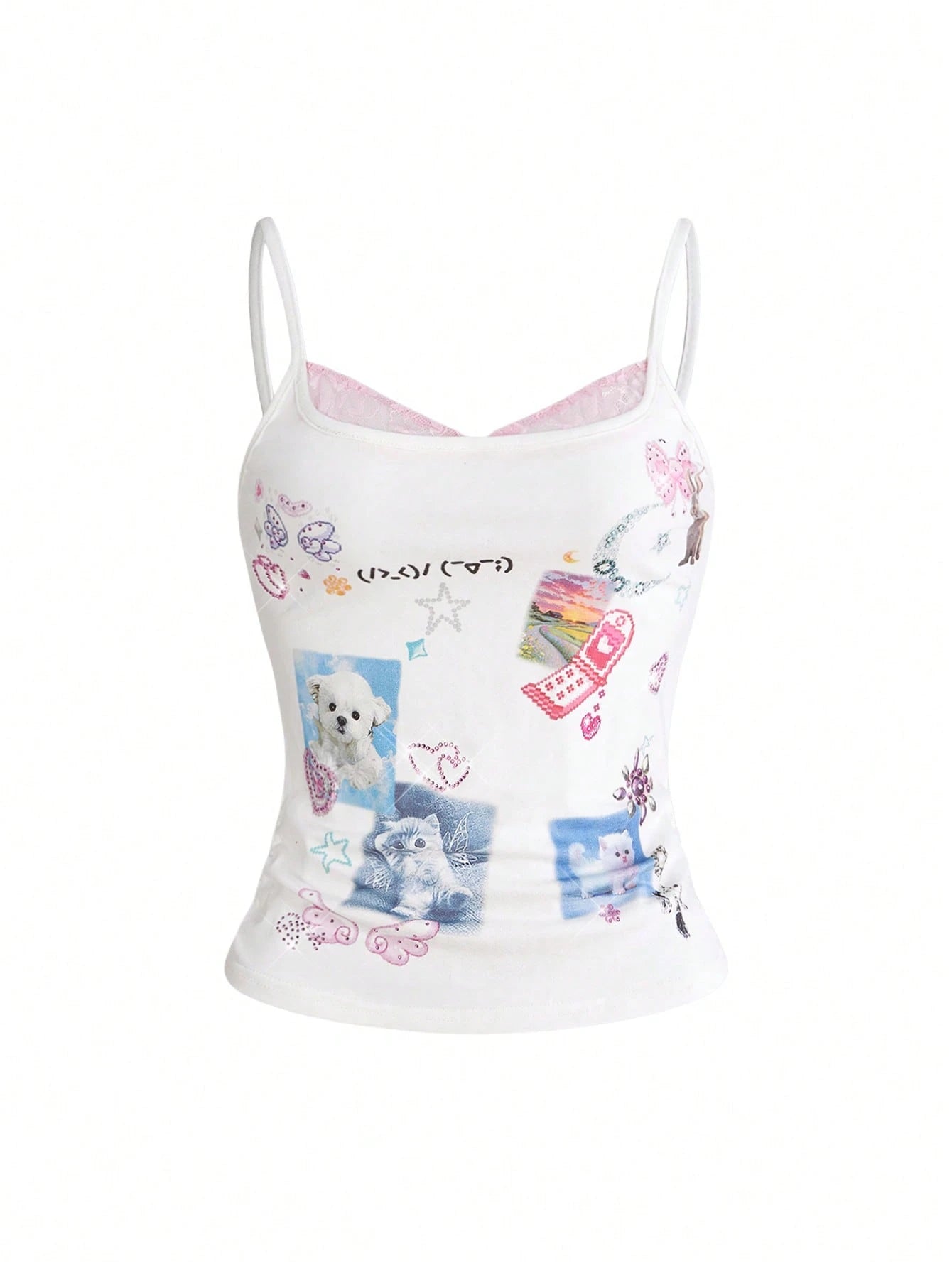ROMWE Kawaii Women's Cute Girl Funny Print Rhinestone Decor Lace Patchwork Sleeveless Top