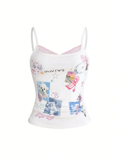 ROMWE Kawaii Women's Cute Girl Funny Print Rhinestone Decor Lace Patchwork Sleeveless Top