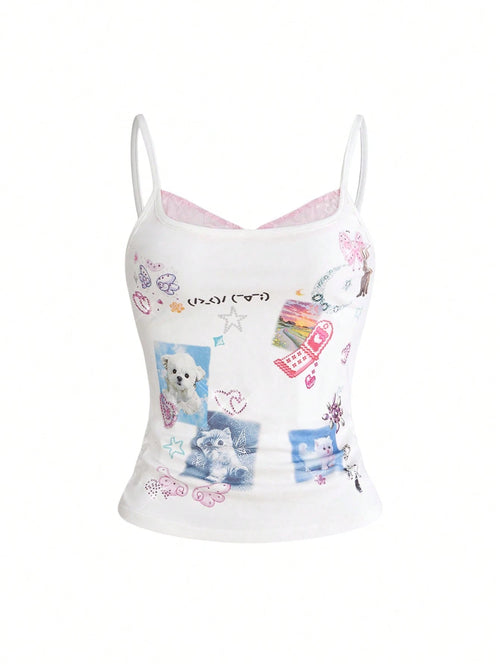 ROMWE Kawaii Women's Cute Girl Funny Print Rhinestone Decor Lace Patchwork Sleeveless Top