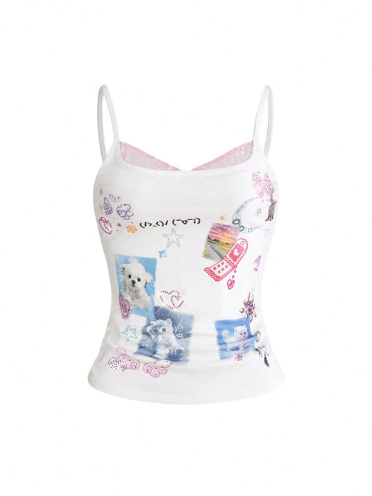 ROMWE Kawaii Women's Cute Girl Funny Print Rhinestone Decor Lace Patchwork Sleeveless Top