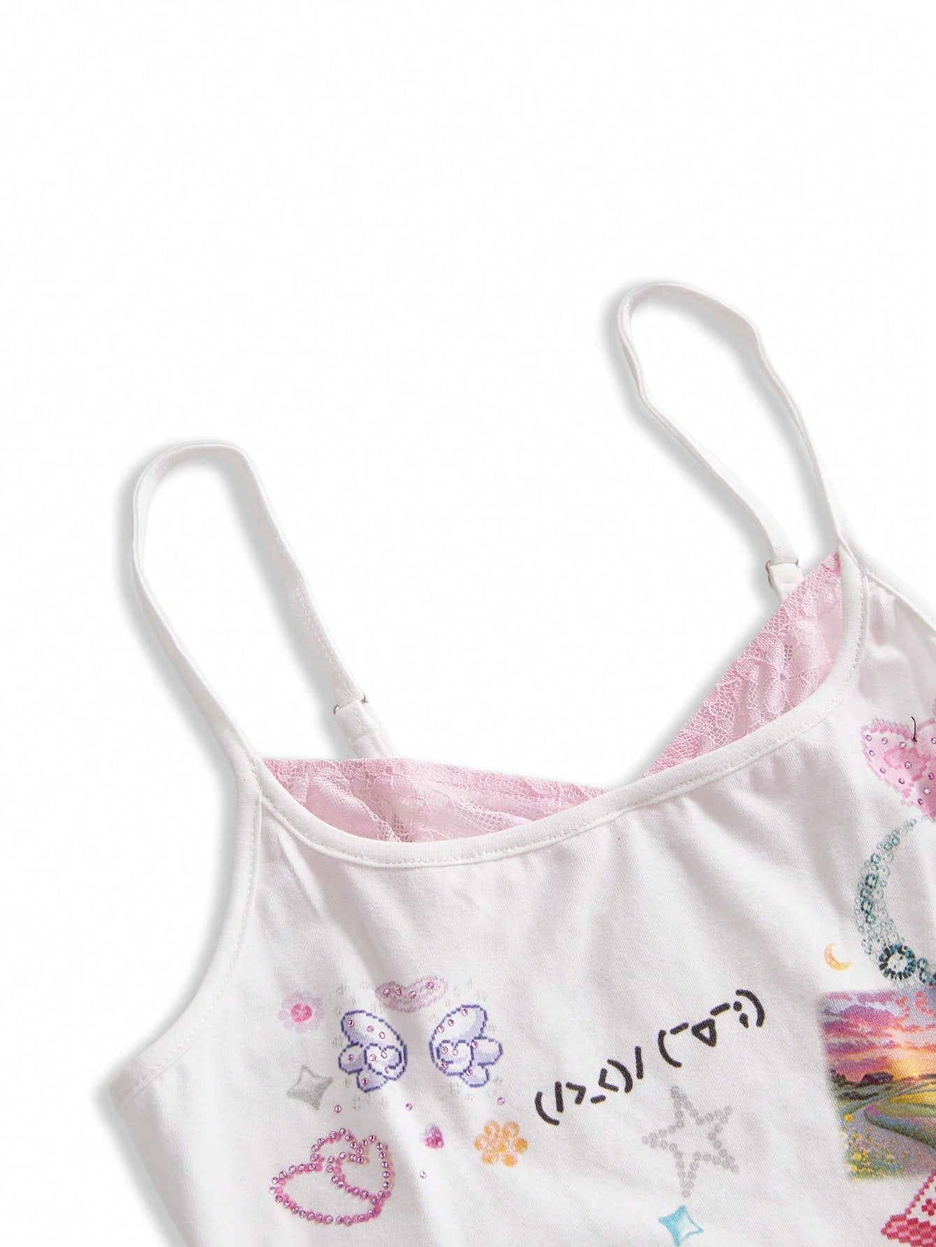 ROMWE Kawaii Women's Cute Girl Funny Print Rhinestone Decor Lace Patchwork Sleeveless Top