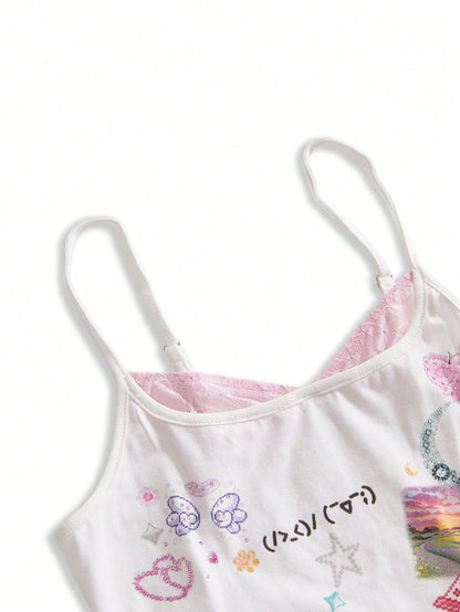 ROMWE Kawaii Women's Cute Girl Funny Print Rhinestone Decor Lace Patchwork Sleeveless Top
