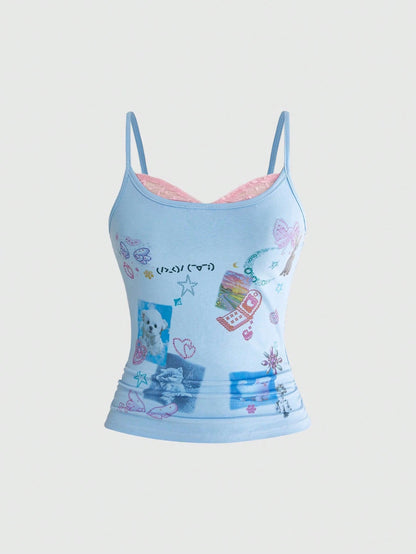 ROMWE Kawaii Women's Cute Girl Funny Print Rhinestone Decor Lace Patchwork Sleeveless Top