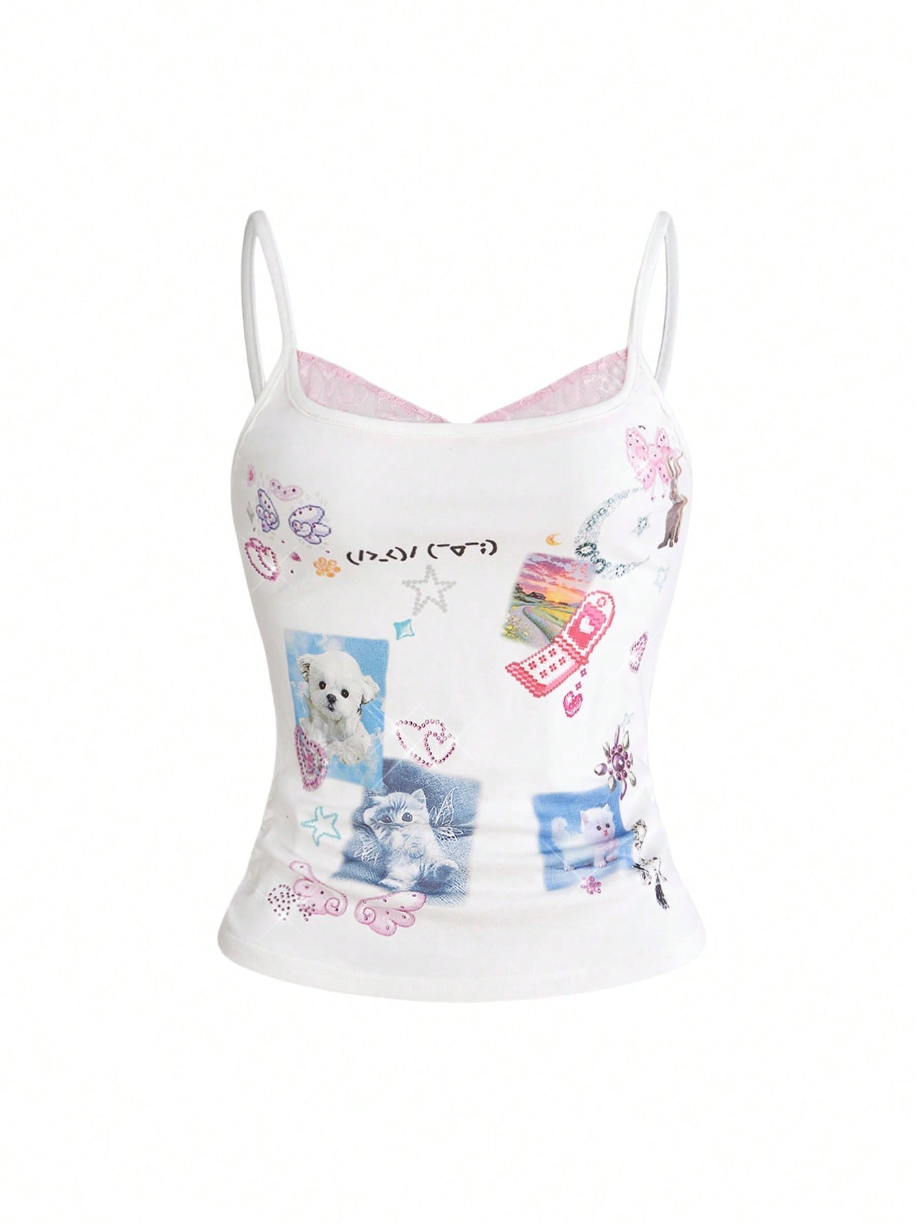ROMWE Kawaii Women's Cute Girl Funny Print Rhinestone Decor Lace Patchwork Sleeveless Top