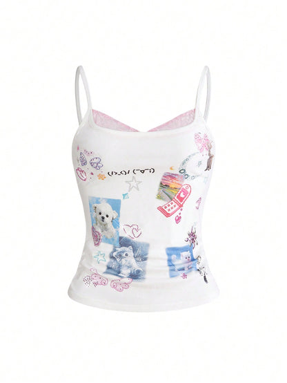 ROMWE Kawaii Women's Cute Girl Funny Print Rhinestone Decor Lace Patchwork Sleeveless Top