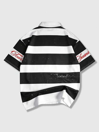 ROMWE MEN Prep 2026 Men's Casual Short Sleeve Polo Collar T-Shirt, College Style Printed Striped Top