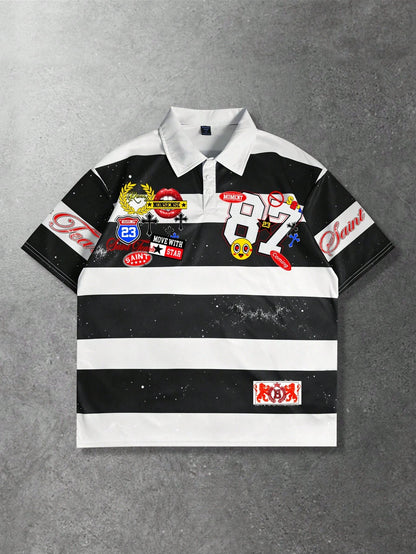 ROMWE MEN Prep 2026 Men's Casual Short Sleeve Polo Collar T-Shirt, College Style Printed Striped Top