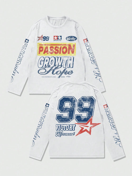 ROMWE MEN Street Life Spring/Summer Casual Graphic Men'S Jersey Racing Print Pattern Lightweight T-Shirt, Suitable For Casual Spring And Summer, Fall, Long Sleeve Top