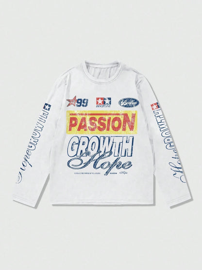 ROMWE MEN Street Life Spring/Summer Casual Graphic Men'S Jersey Racing Print Pattern Lightweight T-Shirt, Suitable For Casual Spring And Summer, Fall, Long Sleeve Top