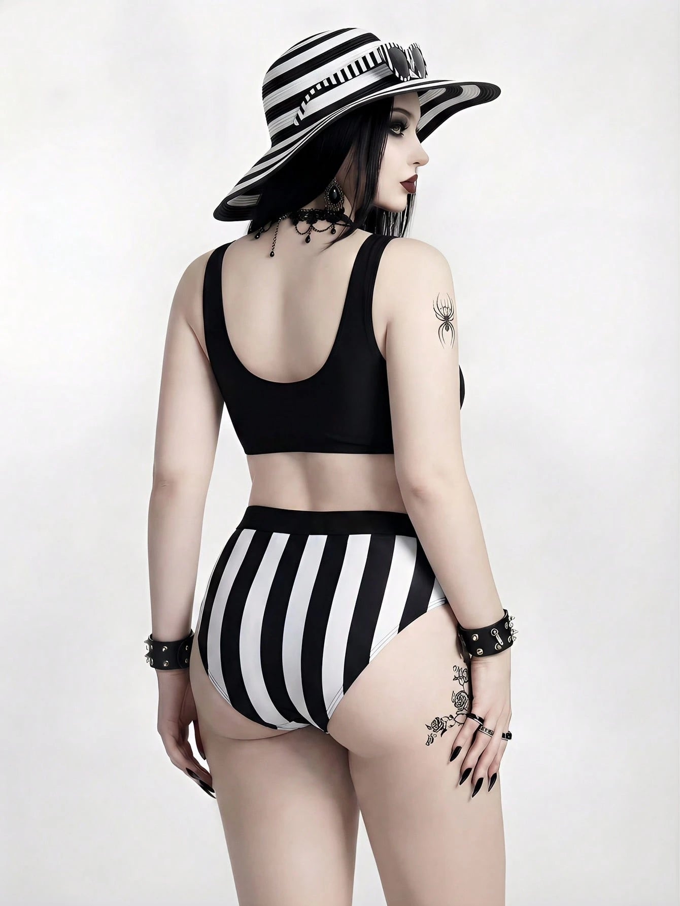 ROMWE Plus Size 2026summer Gothic Punk Mysterious 2 Pieces Swimwear, Black White Stripe Contrast Print, Removable Padded Bikini, Suitable For Vacation Beach