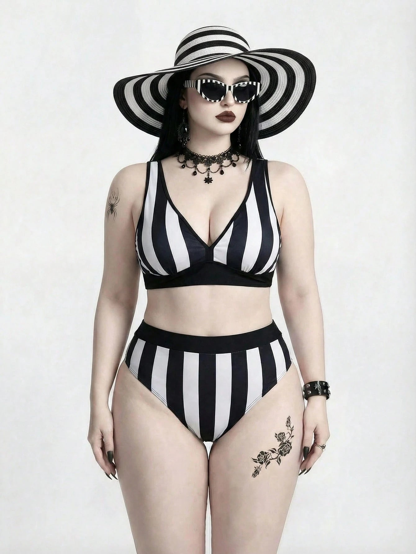 ROMWE Plus Size 2026summer Gothic Punk Mysterious 2 Pieces Swimwear, Black White Stripe Contrast Print, Removable Padded Bikini, Suitable For Vacation Beach