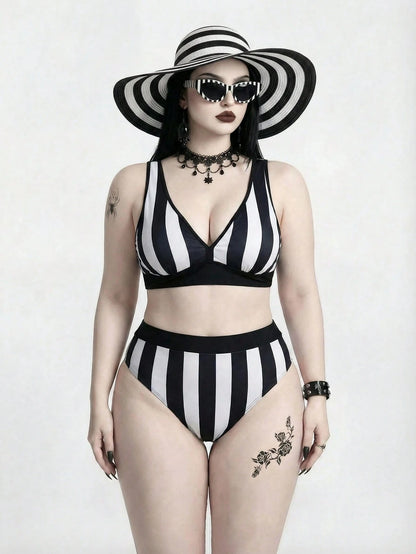ROMWE Plus Size 2026summer Gothic Punk Mysterious 2 Pieces Swimwear, Black White Stripe Contrast Print, Removable Padded Bikini, Suitable For Vacation Beach
