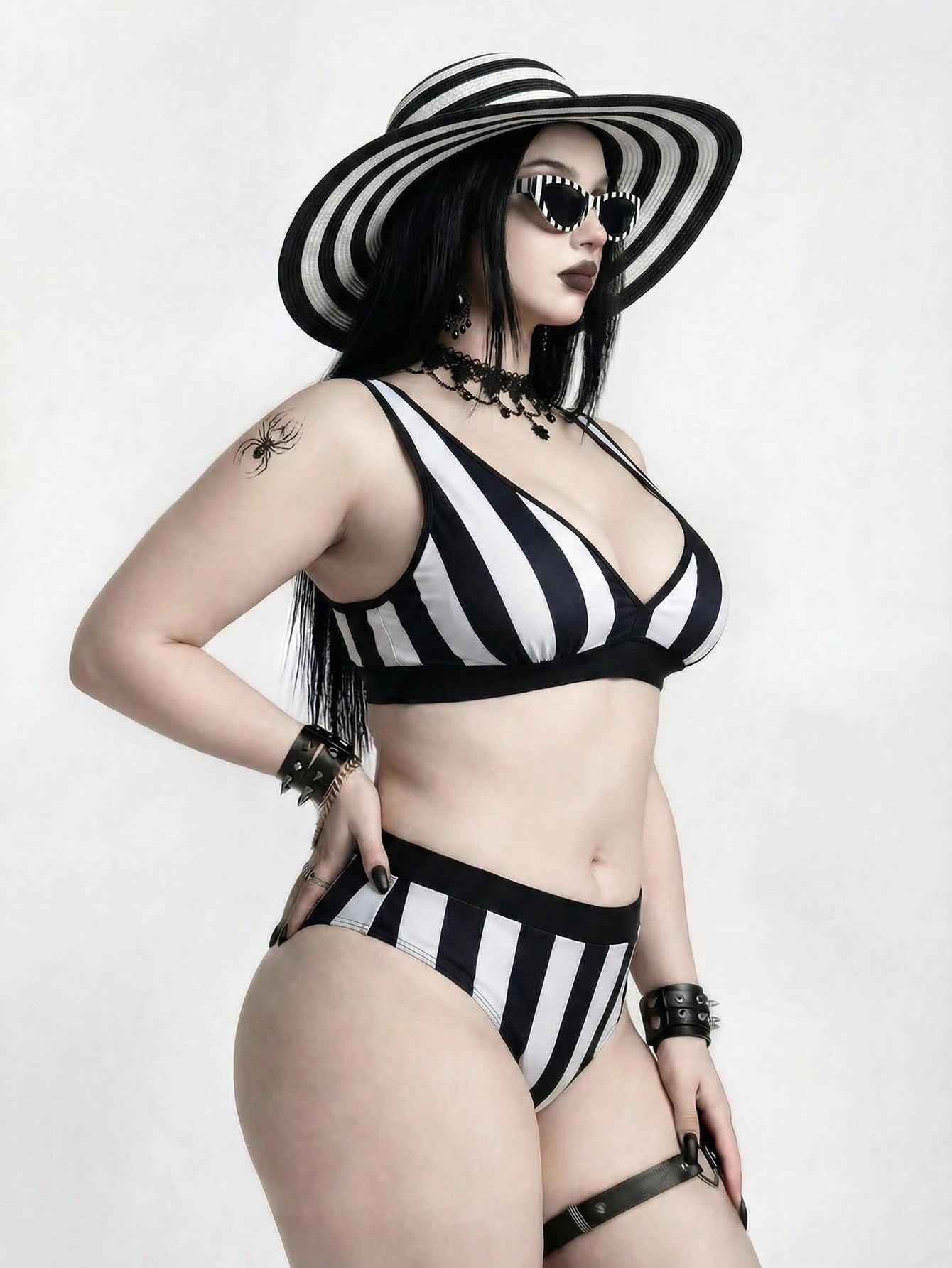 ROMWE Plus Size 2026summer Gothic Punk Mysterious 2 Pieces Swimwear, Black White Stripe Contrast Print, Removable Padded Bikini, Suitable For Vacation Beach