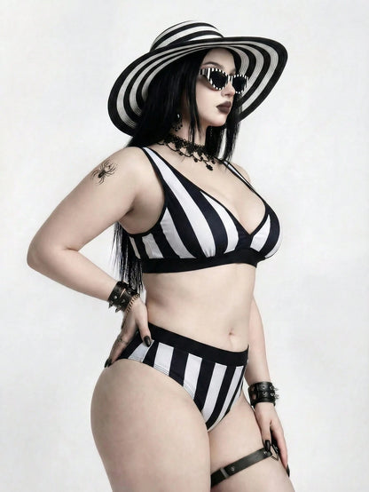 ROMWE Plus Size 2026summer Gothic Punk Mysterious 2 Pieces Swimwear, Black White Stripe Contrast Print, Removable Padded Bikini, Suitable For Vacation Beach
