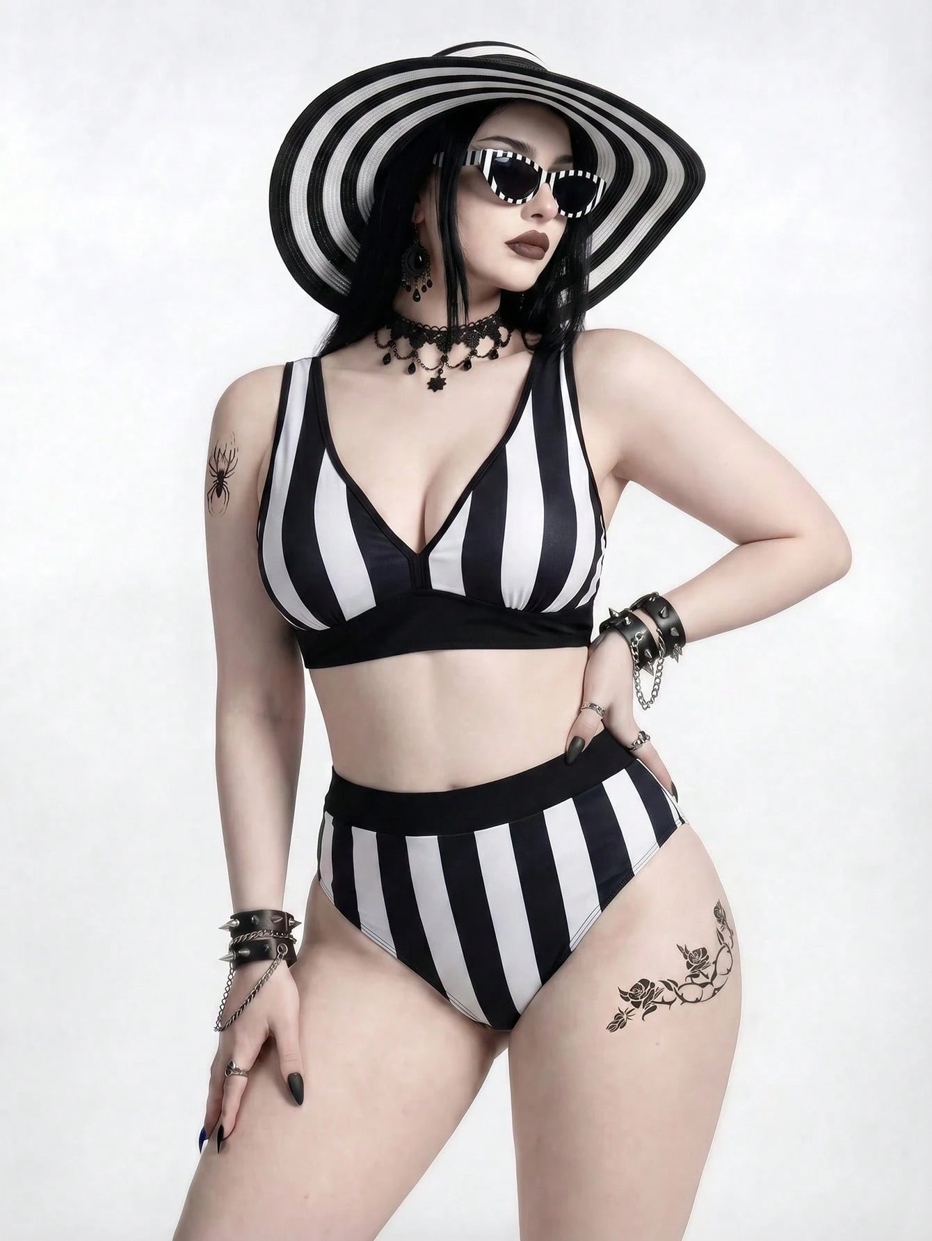 ROMWE Plus Size 2026summer Gothic Punk Mysterious 2 Pieces Swimwear, Black White Stripe Contrast Print, Removable Padded Bikini, Suitable For Vacation Beach