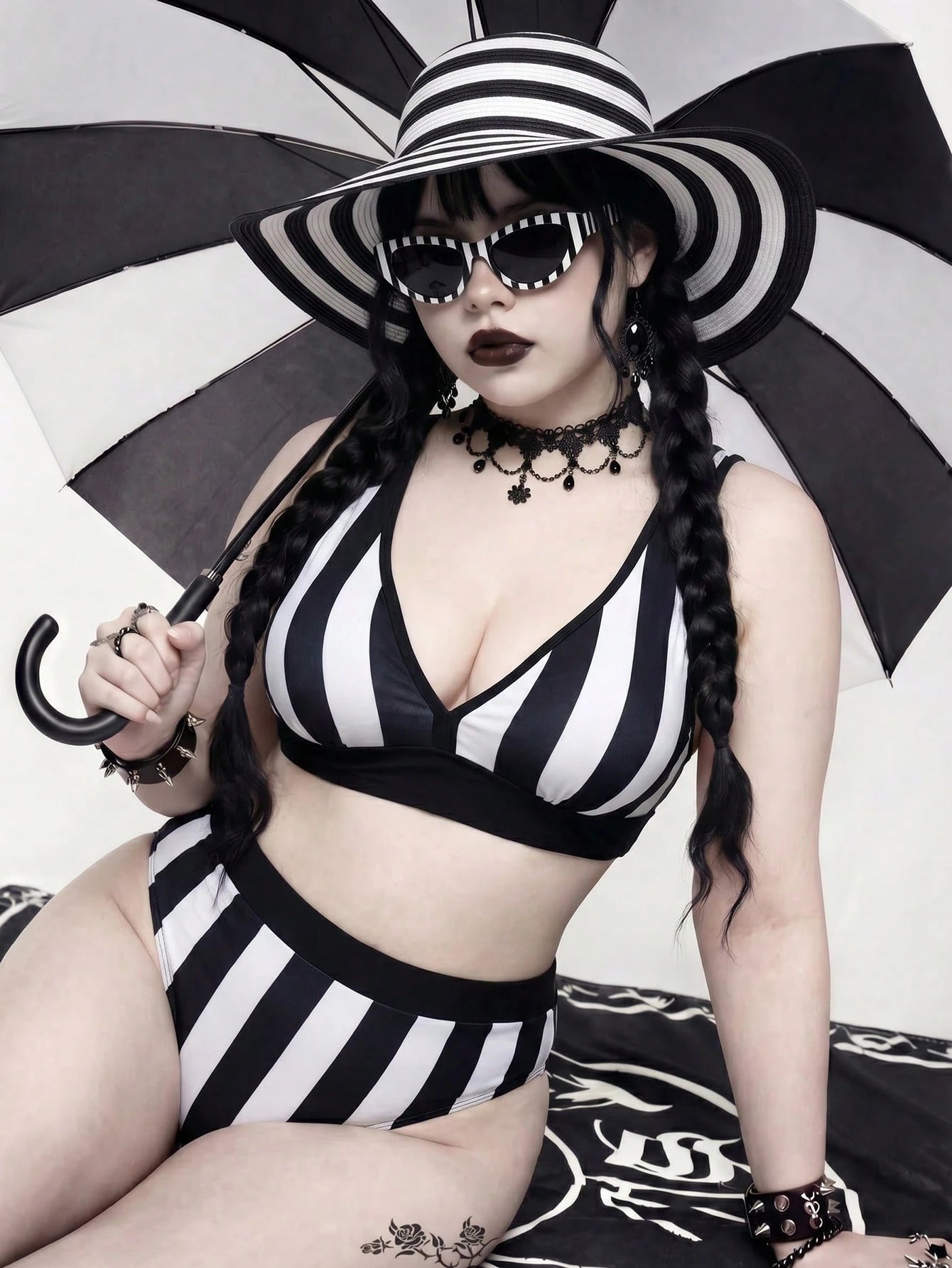 ROMWE Plus Size 2026summer Gothic Punk Mysterious 2 Pieces Swimwear, Black White Stripe Contrast Print, Removable Padded Bikini, Suitable For Vacation Beach