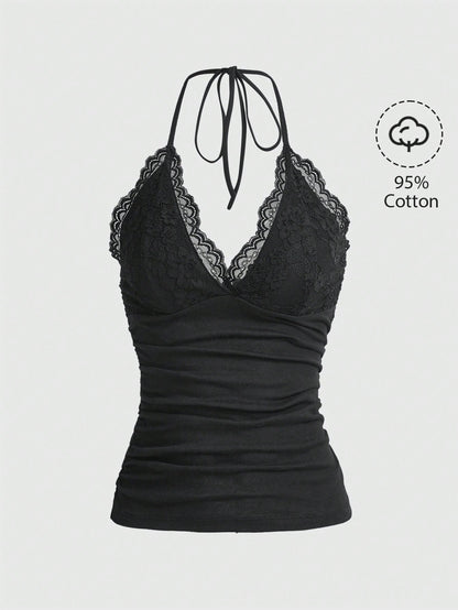 ROMWE PUNK Grunge Contrast Lace Ruched Halter Top Without Gloves