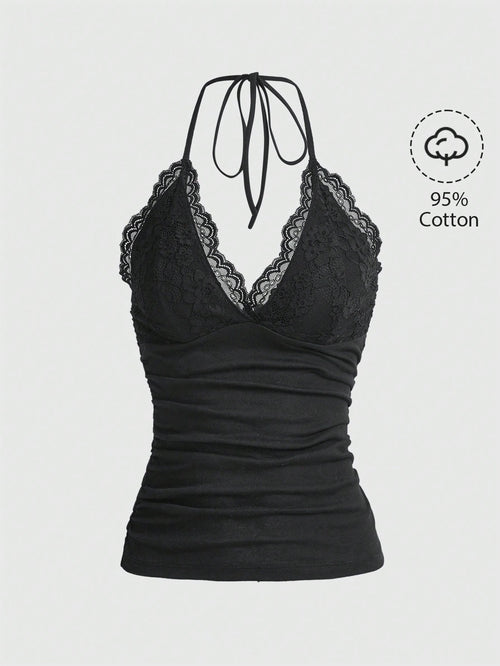 ROMWE PUNK Grunge Contrast Lace Ruched Halter Top Without Gloves
