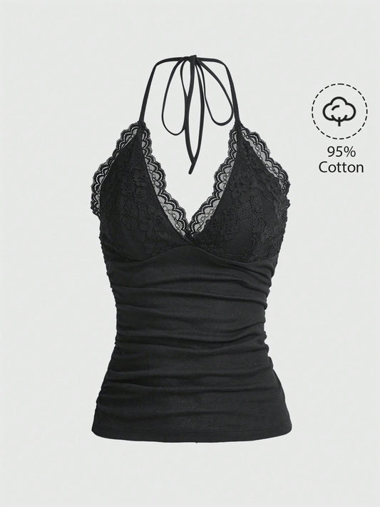 ROMWE PUNK Grunge Contrast Lace Ruched Halter Top Without Gloves