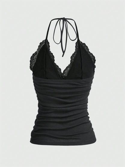 ROMWE PUNK Grunge Contrast Lace Ruched Halter Top Without Gloves
