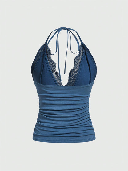 ROMWE PUNK Grunge Contrast Lace Ruched Halter Top Without Gloves