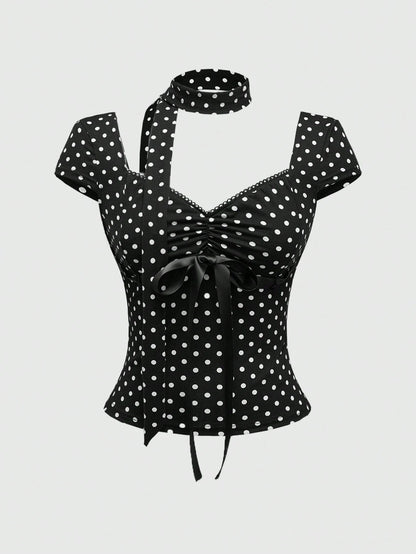 ROMWE Y2K Polka Dot Bowknot Design Women T-Shirt
