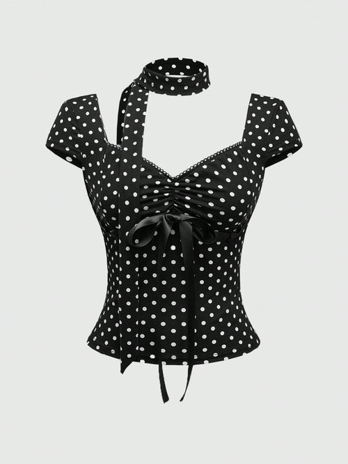 ROMWE Y2K Polka Dot Bowknot Design Women T-Shirt