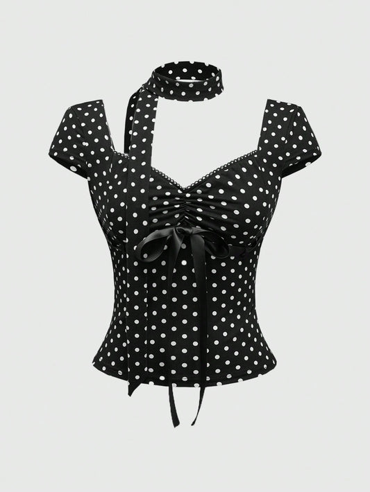 ROMWE Y2K Polka Dot Bowknot Design Women T-Shirt