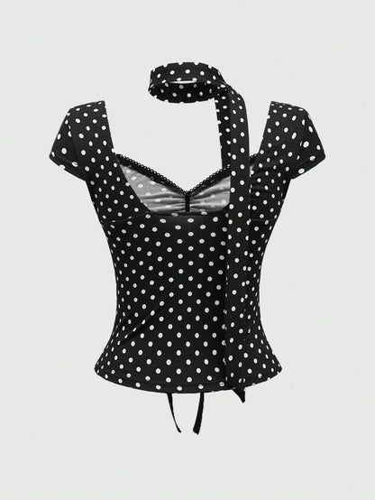 ROMWE Y2K Polka Dot Bowknot Design Women T-Shirt