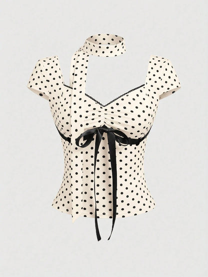 ROMWE Y2K Polka Dot Bowknot Design Women T-Shirt